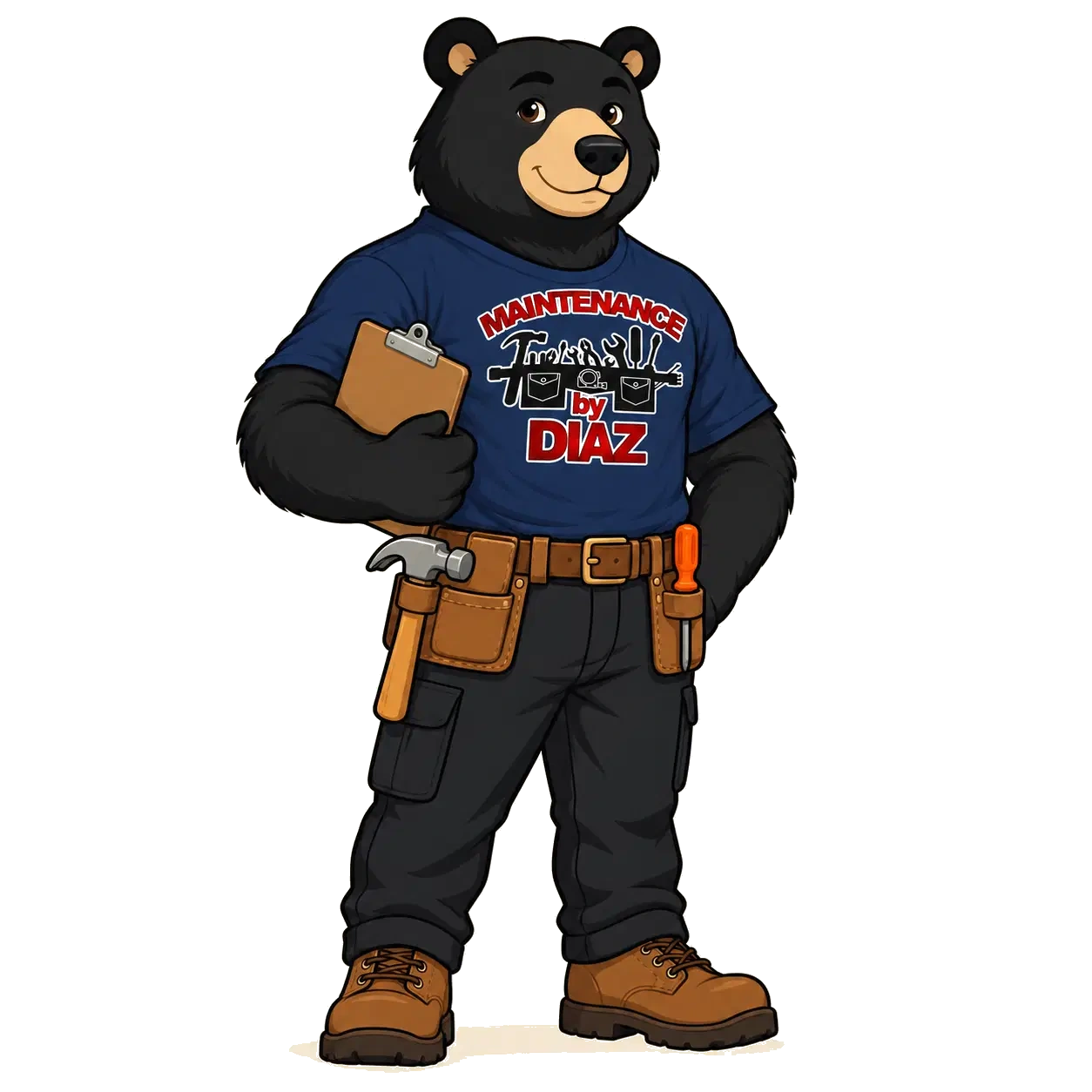 Maintenance by Diaz bear mascot in a navy company tee with a clipboard and tool belt