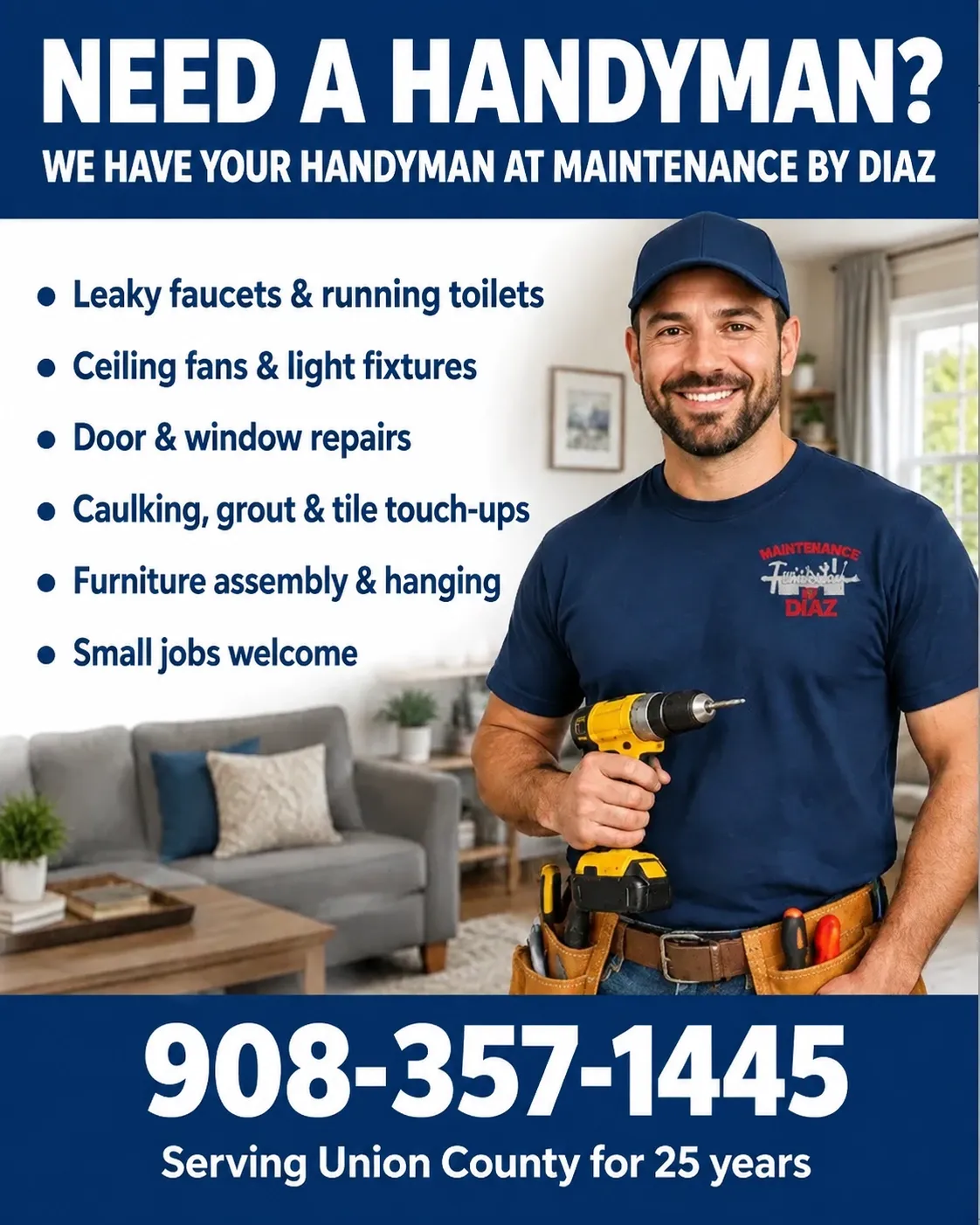 Handyman services flyer featuring repairs, installations, and small jobs from Maintenance by Diaz