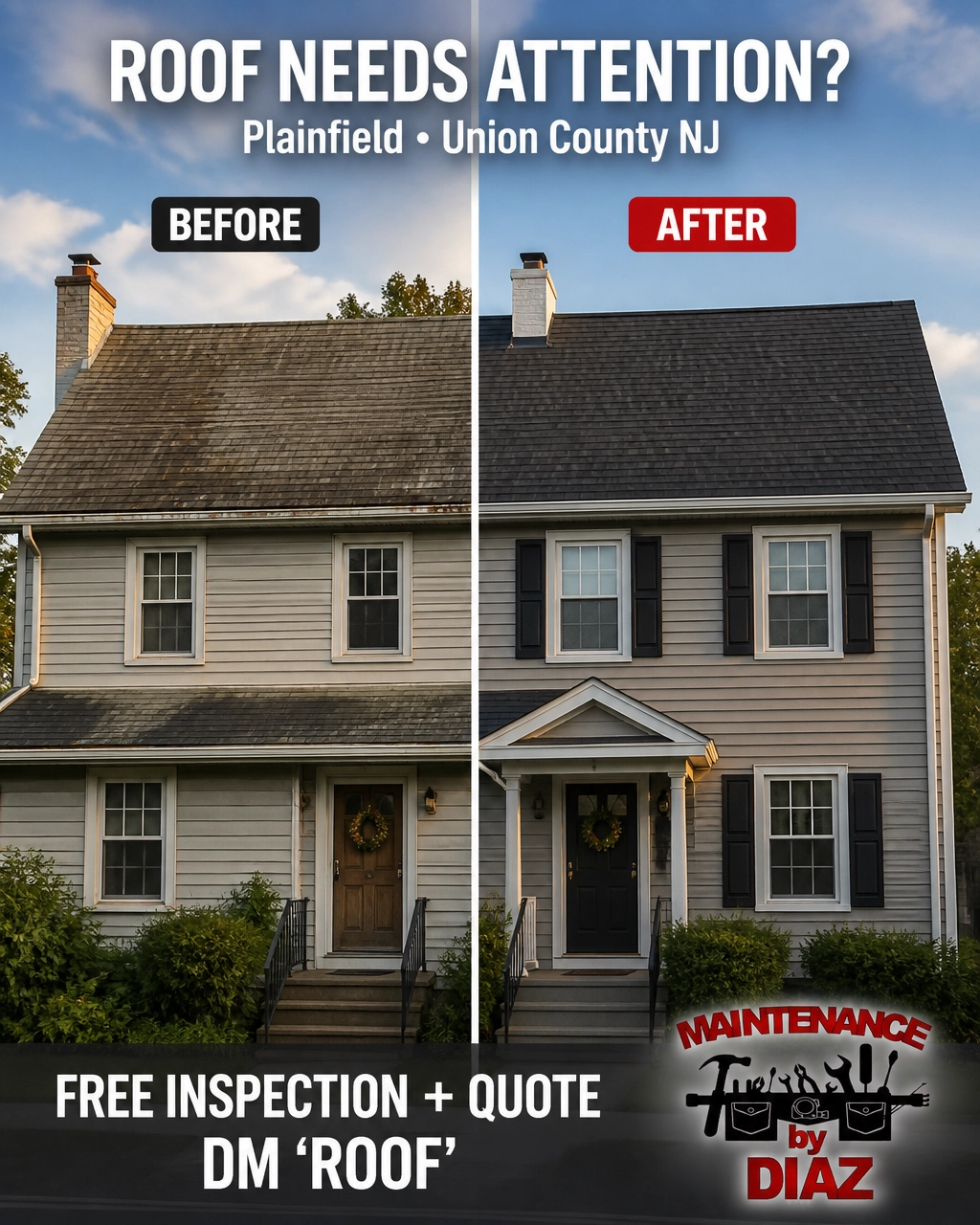 Roof replacement before-and-after project in Plainfield, Union County, New Jersey